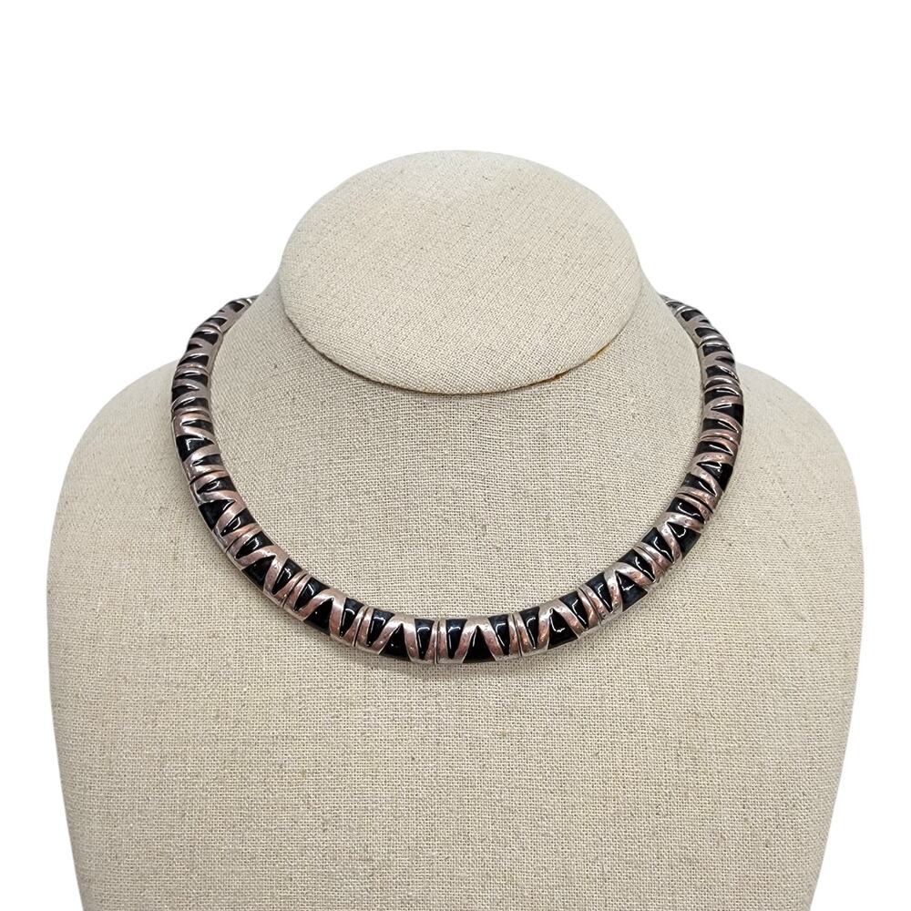 Vintage Silver Tone Black Enamel Geometric Chevron Collar Choker Necklace